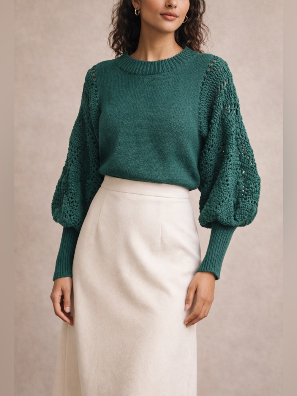 Rain + Rose Green Crochet Sleeve Sweater Medium Balloon Sleeve Cozy Boho Knit